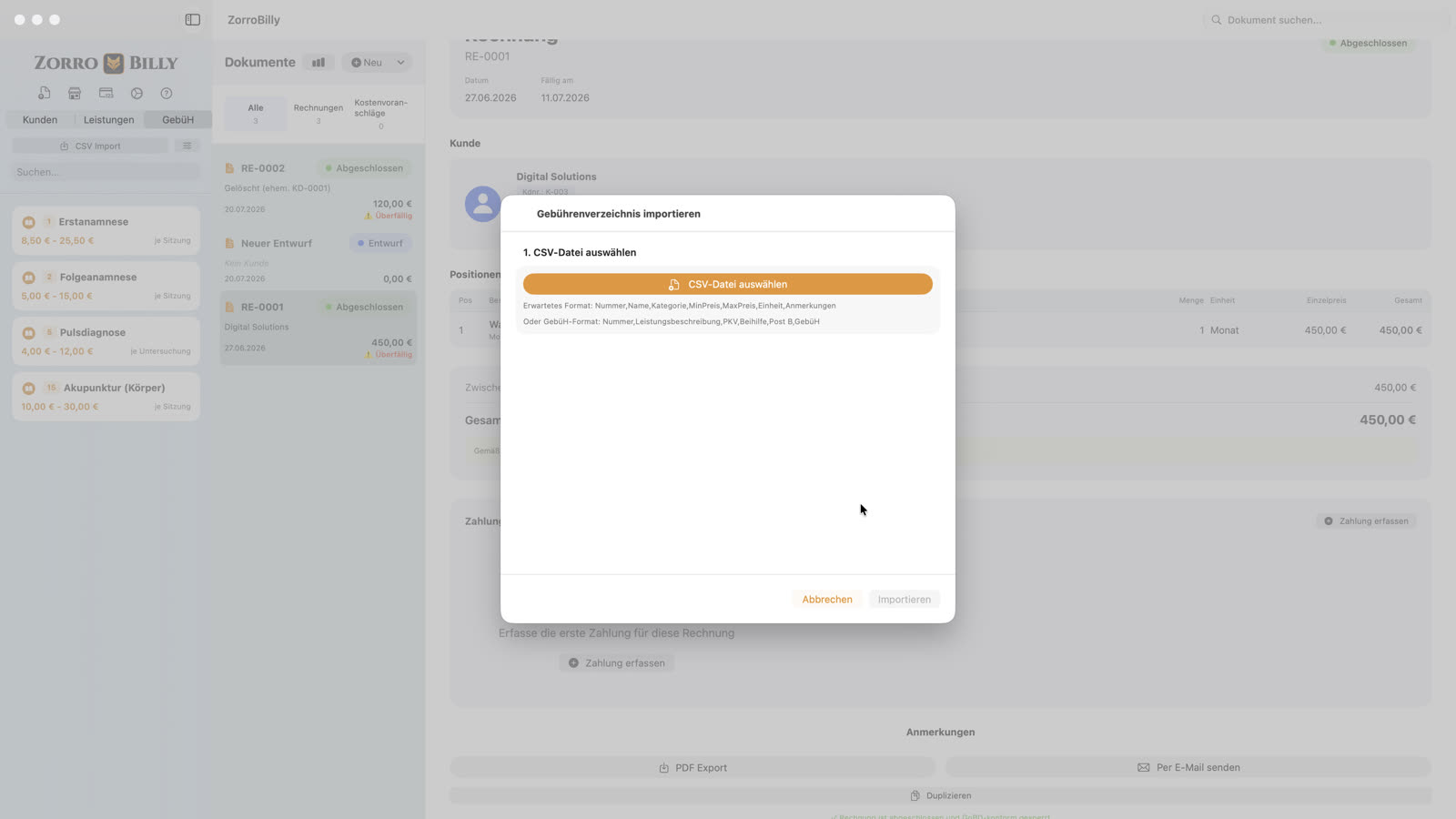 ZorroBilly: Gebührenverzeichnis (GebüH) per CSV importieren