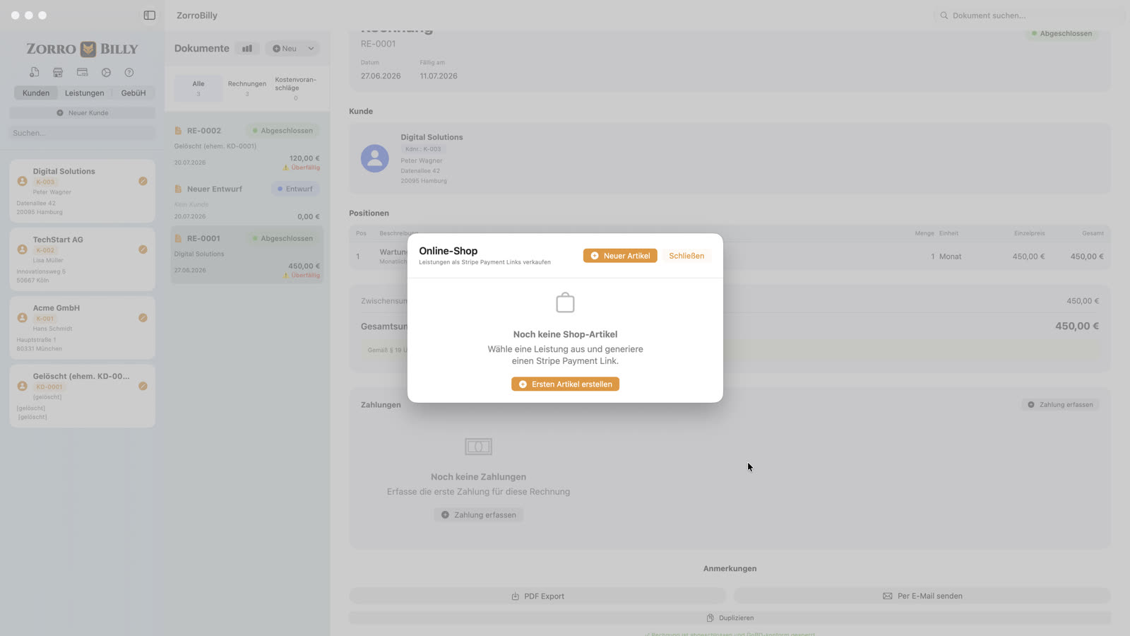 ZorroBilly: Leistungen als Stripe Payment Links verkaufen